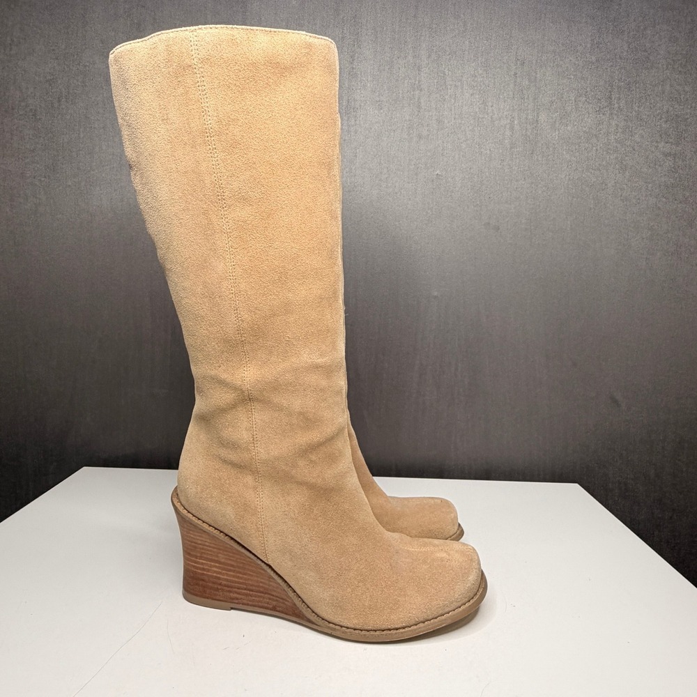 Vtg Y2K Boots Women Sz 8.5 Tan Suede Wedge Mid Zip Square Toe Chunky Bratz Boho